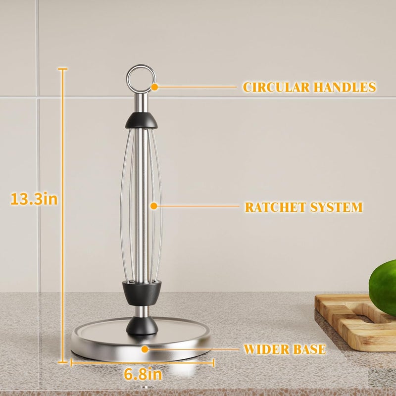 HZE Paper Towel Holder Countertop, One-Handed Tear, Stainless Steel, Weighted Base, Silver, Ring Paper Towel Holder Stand with Ratchet System for Kitchen Farmhouse Essentials Decor Accessories - Image 4